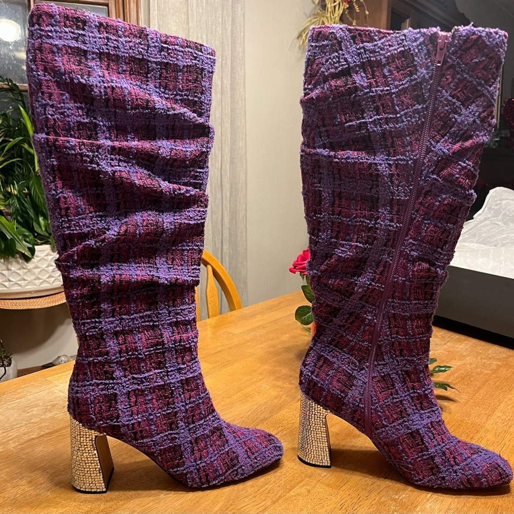 Betsey Johnson purple multi, tweed boots with bling heel. Size 8.5
